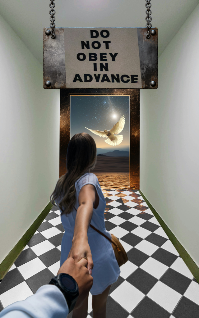 Woman walking down a black and white checkered corridor, under a sign that says Do Not Obey in Advance, toward a brilliantly lit night sky and a glowing peace dove. 