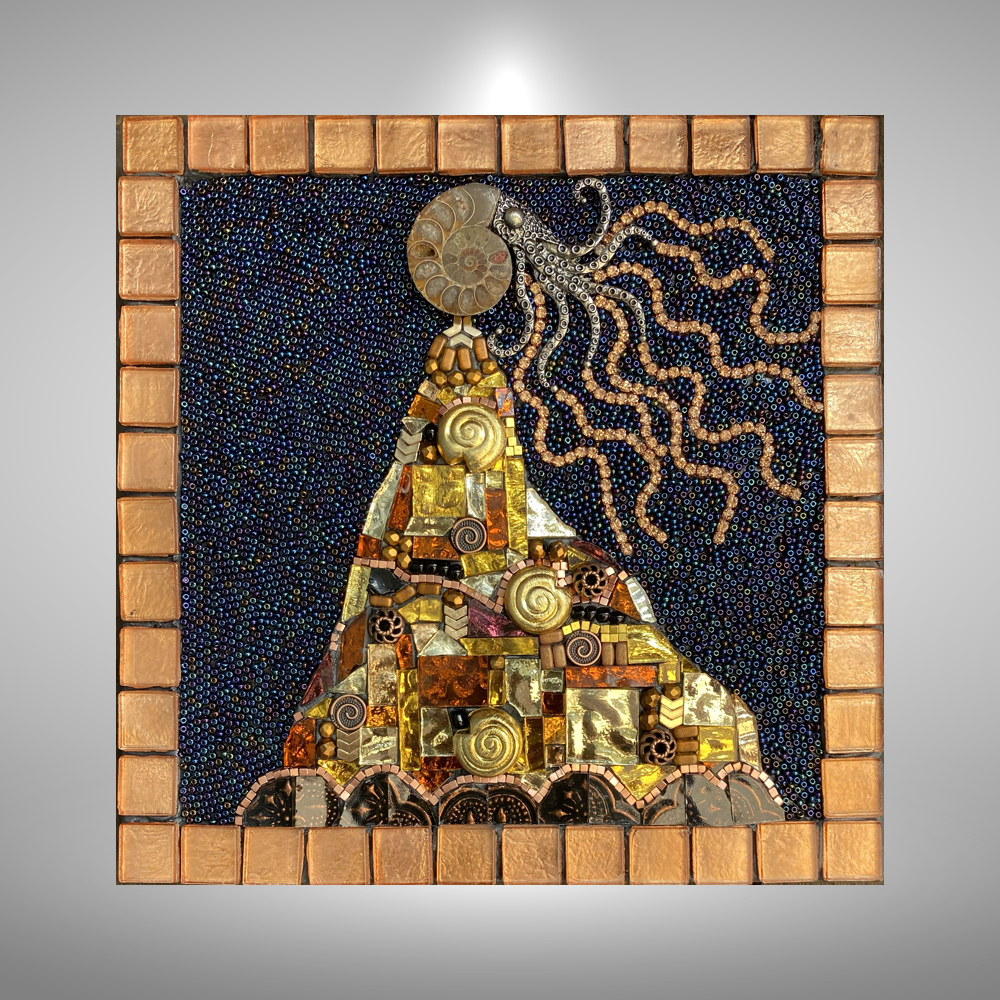 Remembrancer - Mixed Media Mosaic with ammonite fossil and mirrored glass